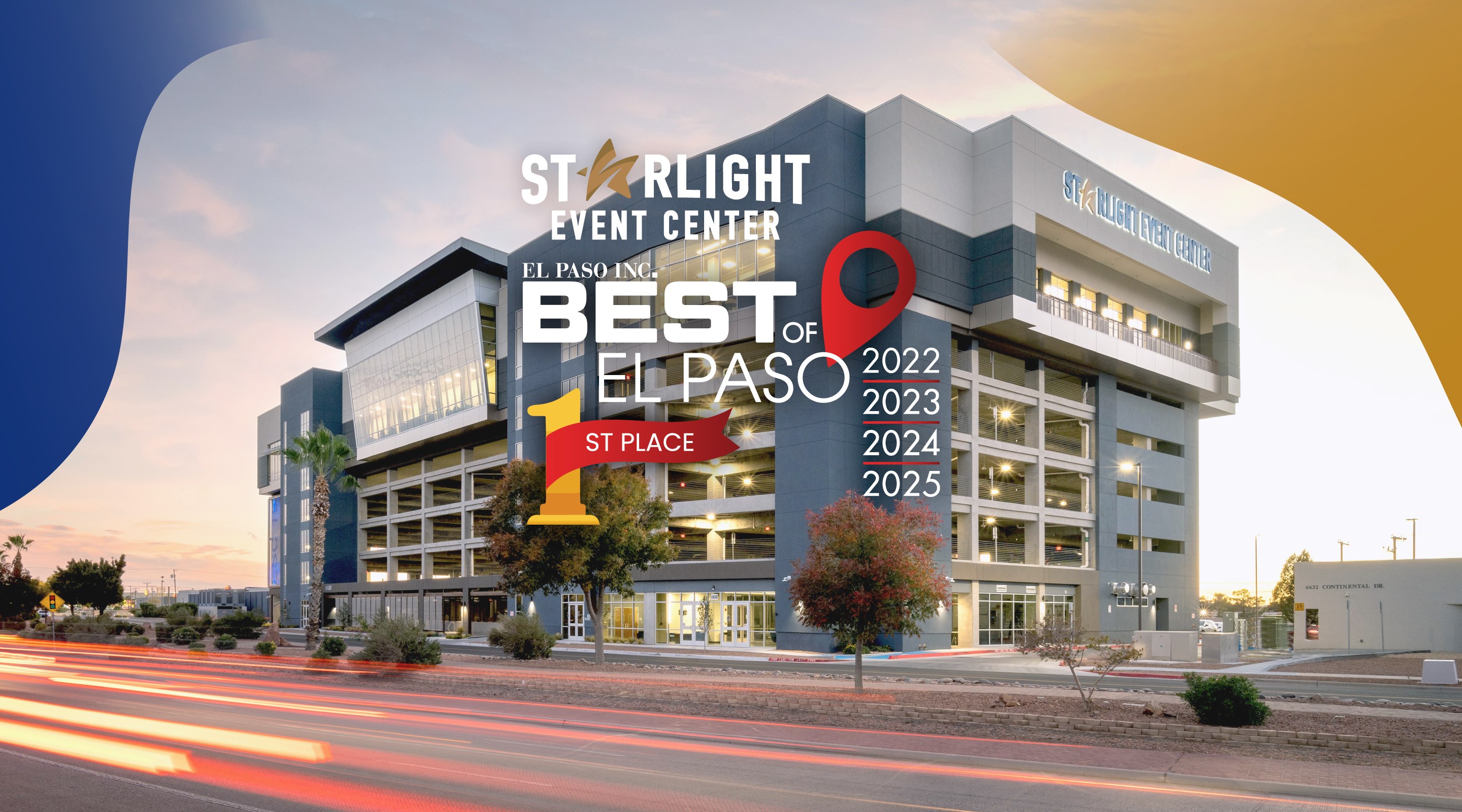 A modern parking garage with "Starlight Event Center" signage stands under a twilight sky, with blurred car lights streaking across the foreground.