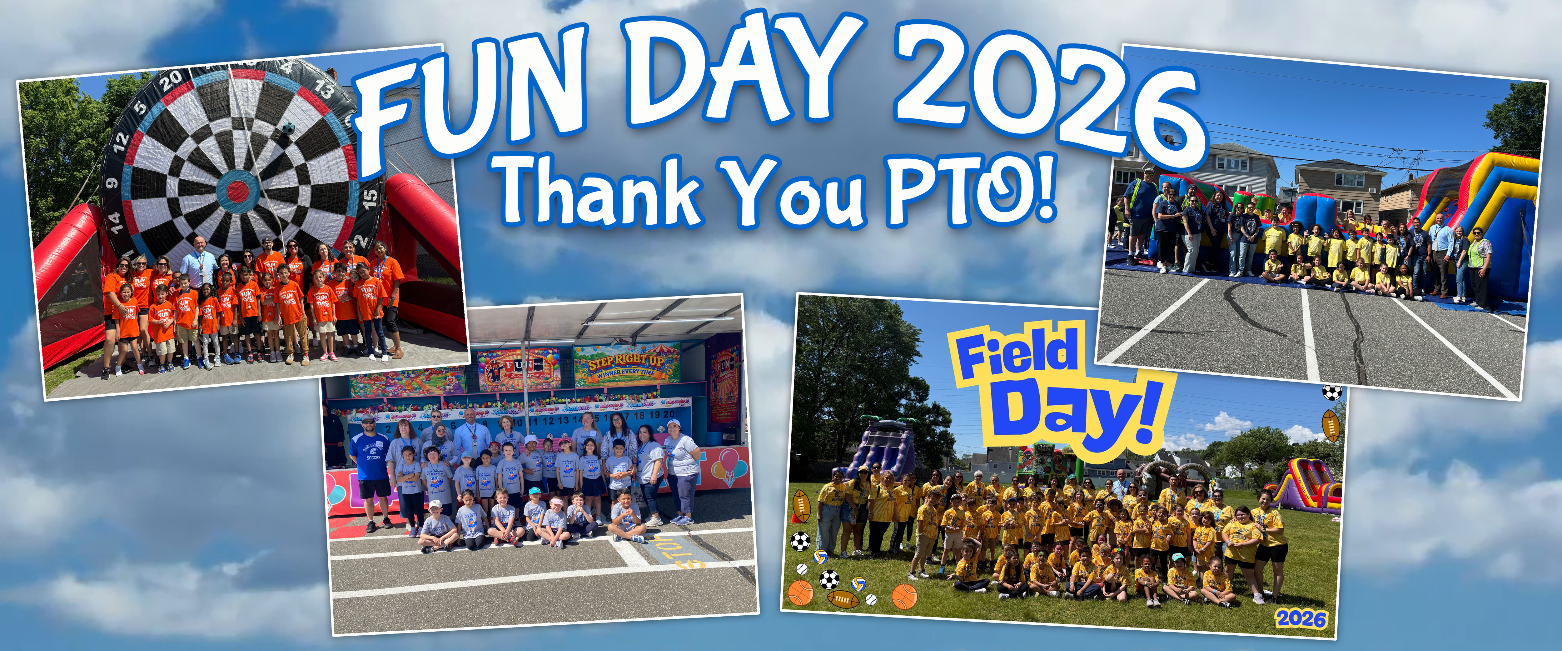 A collage of photos from a "Fun Day 2026" event, featuring children in sports attire and inflatable attractions, is set against a sky background.