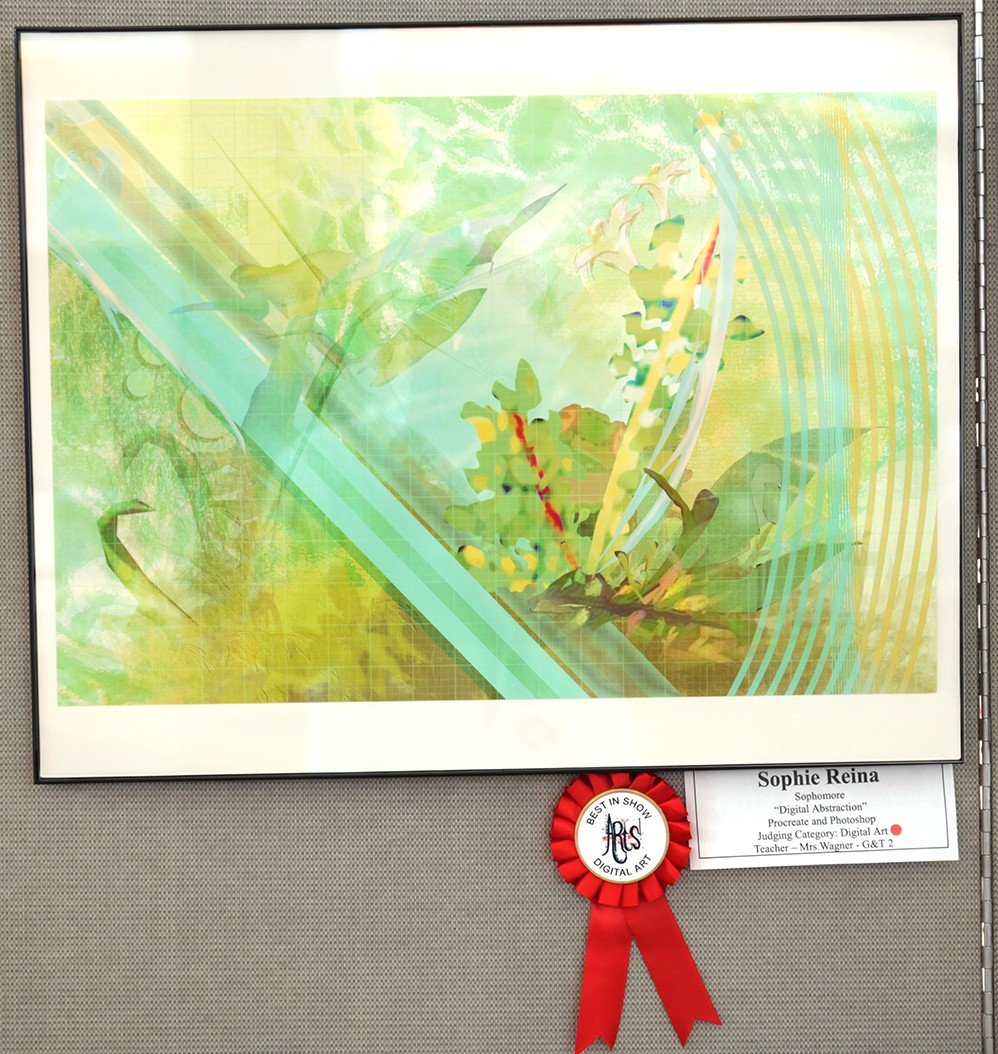 A framed abstract artwork with green and yellow tones, featuring diagonal lines and organic shapes in the foreground, is displayed with a red ribbon and award information in the background.