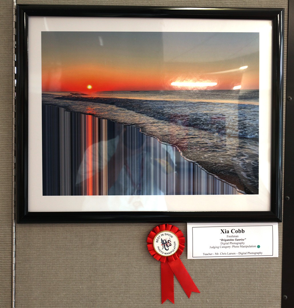 A framed photograph of a vibrant sunset over the ocean, with a red ribbon and award details below, is displayed on a textured wall.