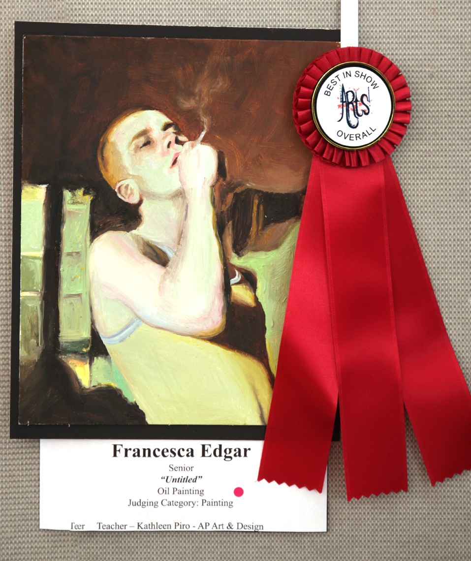A framed oil painting of a young person smoking, with a red "Best in Show" ribbon attached to the right side.
