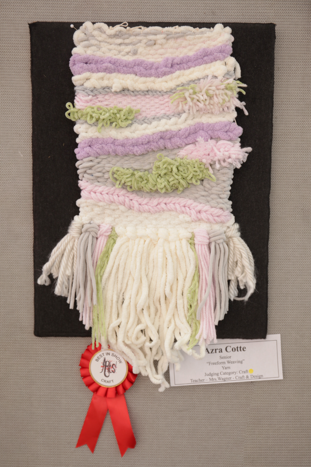 A colorful woven tapestry with a red ribbon award hangs on a black background, with a label identifying the artist and artwork.
