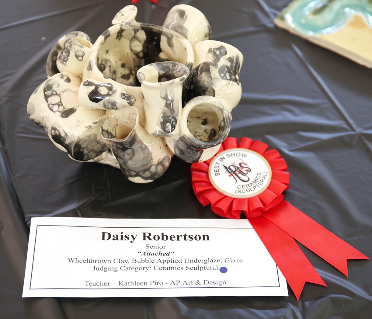 A unique, abstract ceramic sculpture with a "Best in Show" ribbon sits on a black tablecloth, with a name tag and other artwork visible in the background.