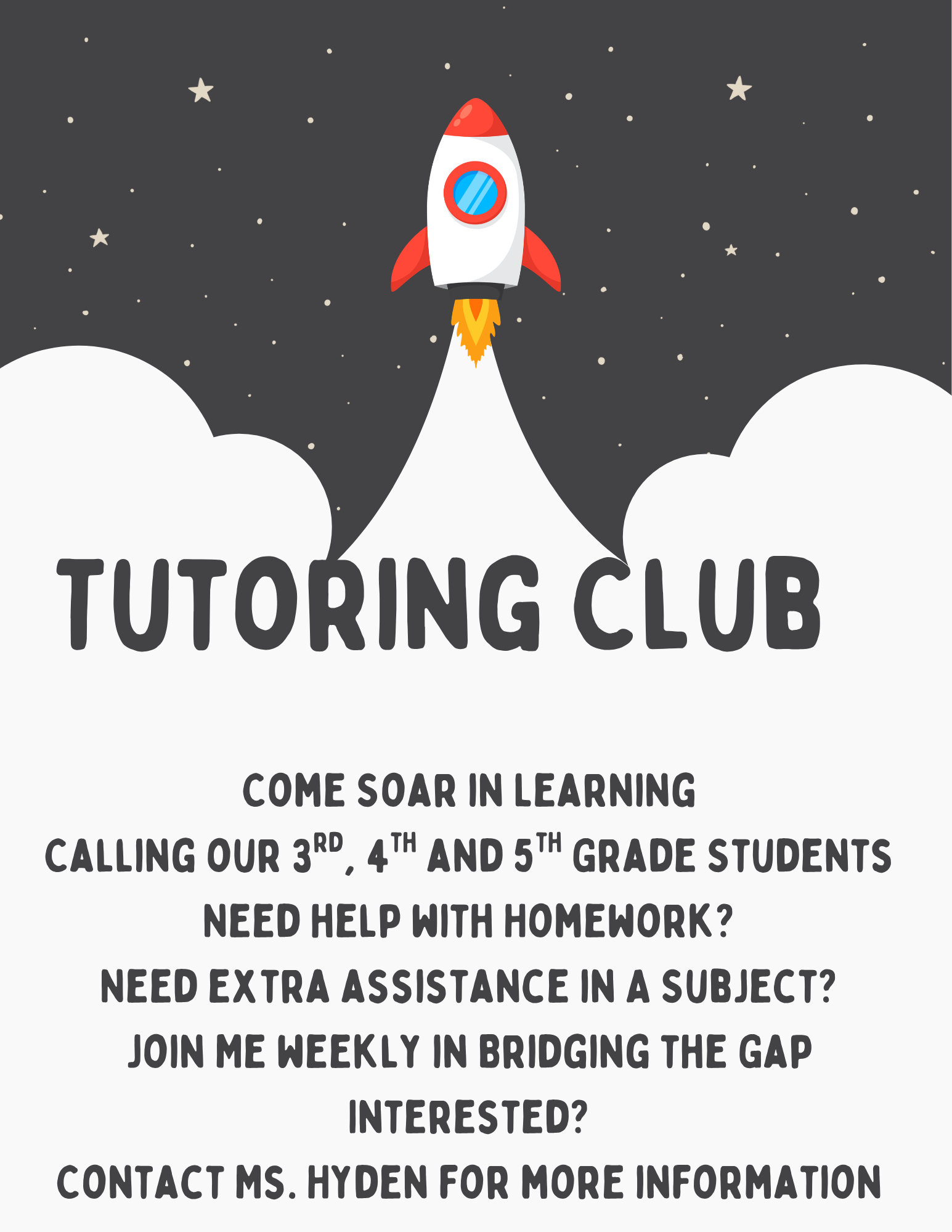 A cartoon rocket blasts off from a cloud in the foreground, leaving a trail of fire against a starry night sky in the background, with "TUTORING CLUB" emblazoned below.