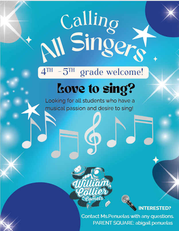 Musical notes and stars fill the bright blue background, while the foreground features text announcing a call for singers in grades 4-5, along with contact information.