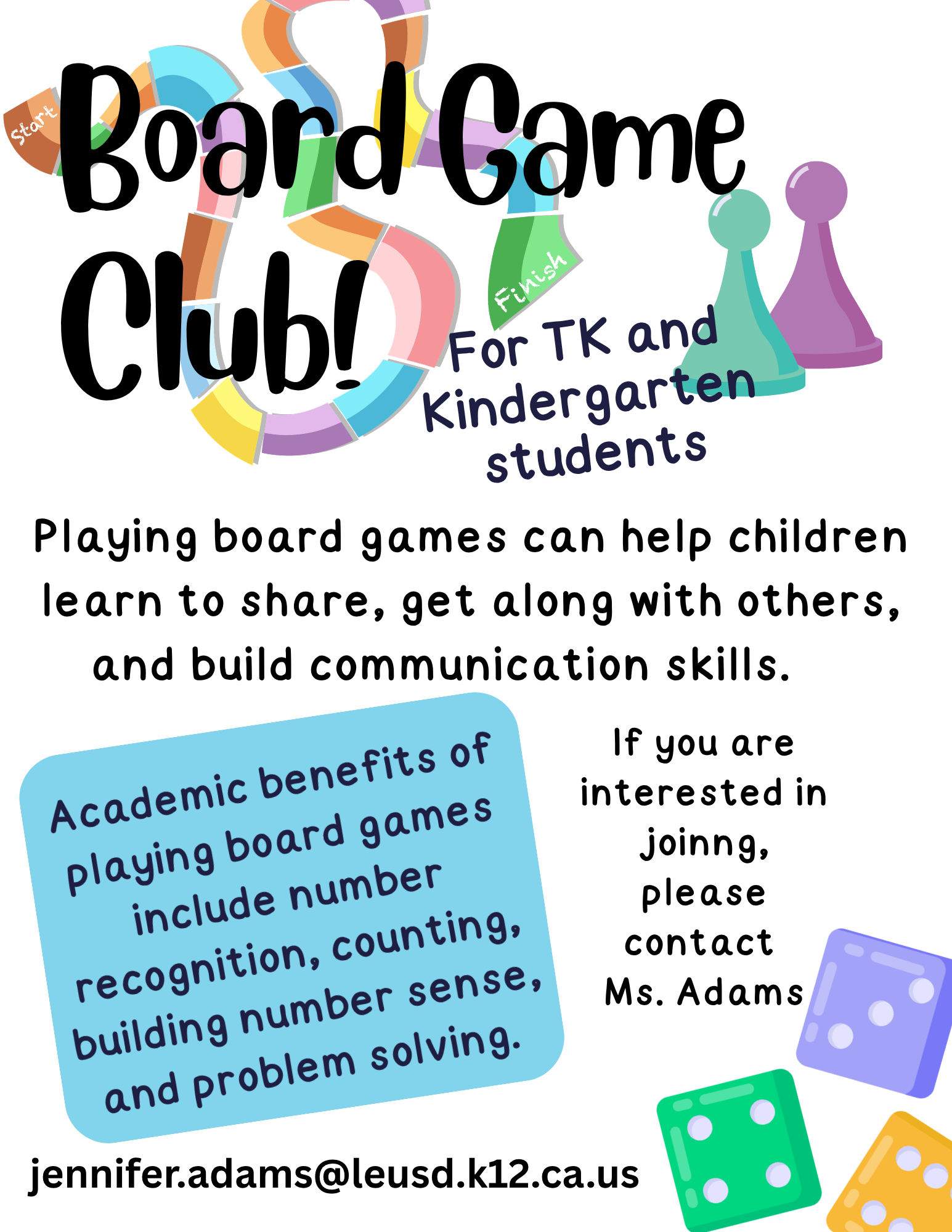 Colorful board game pieces and a winding game path are in the background, while text about a board game club for TK and Kindergarten students is in the foreground.