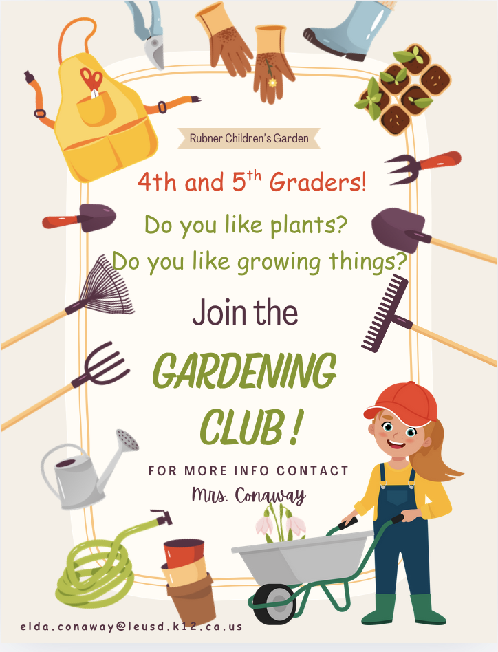A cheerful girl in overalls pushes a wheelbarrow filled with plants, surrounded by gardening tools and a watering can in the foreground, while the background features text inviting 4th and 5th graders to join the gardening club.