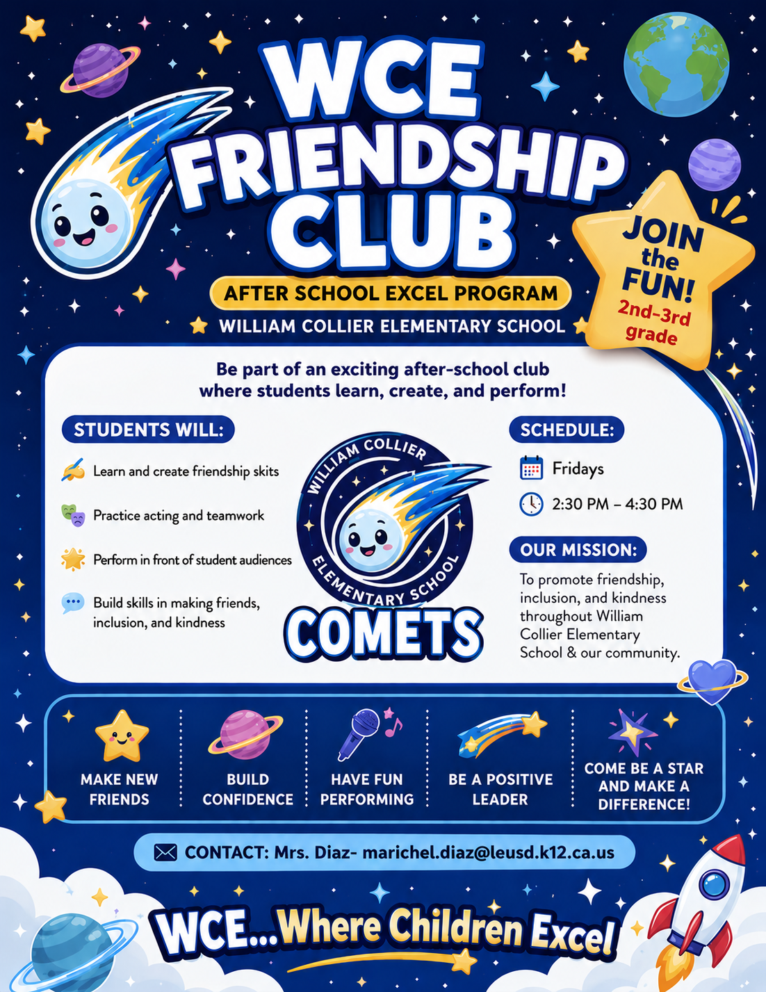 A starry night sky with planets and comets serves as the background for a flyer advertising the WCE Friendship Club, which features cartoon comets and stars with text detailing the program's activities, schedule, and mission.