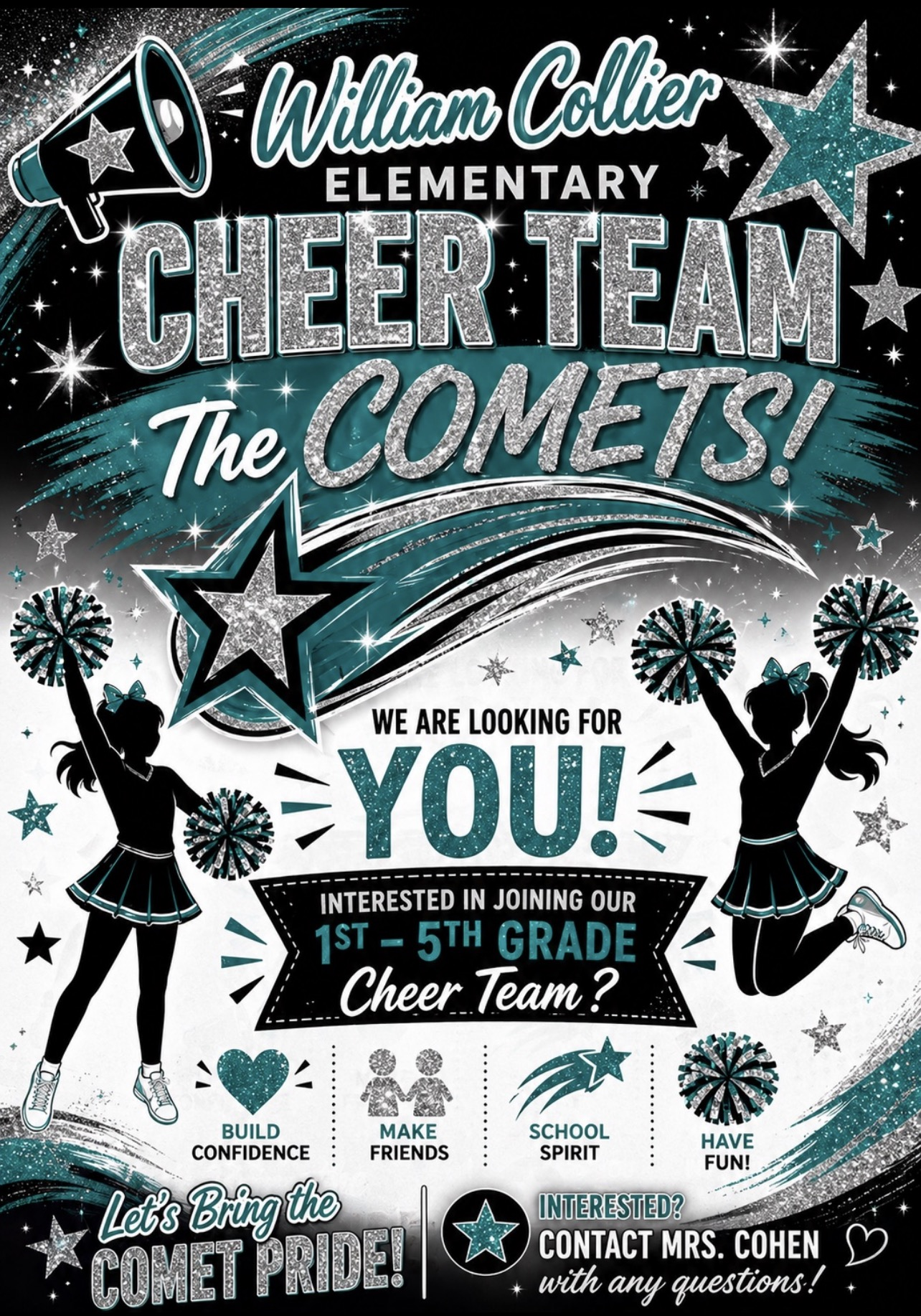 Two silhouetted cheerleaders with pom-poms are in the foreground, while the background features the text "William Collier Elementary Cheer Team The Comets!" in a sparkly, teal and silver font.