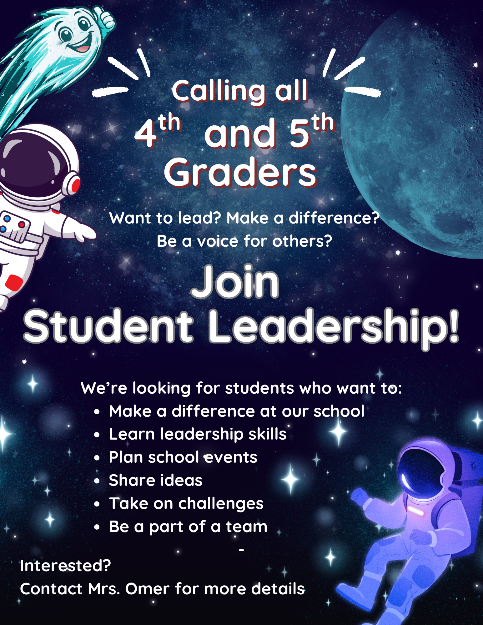 Astronauts float in a starry background with a large moon, advertising a student leadership program for 4th and 5th graders.