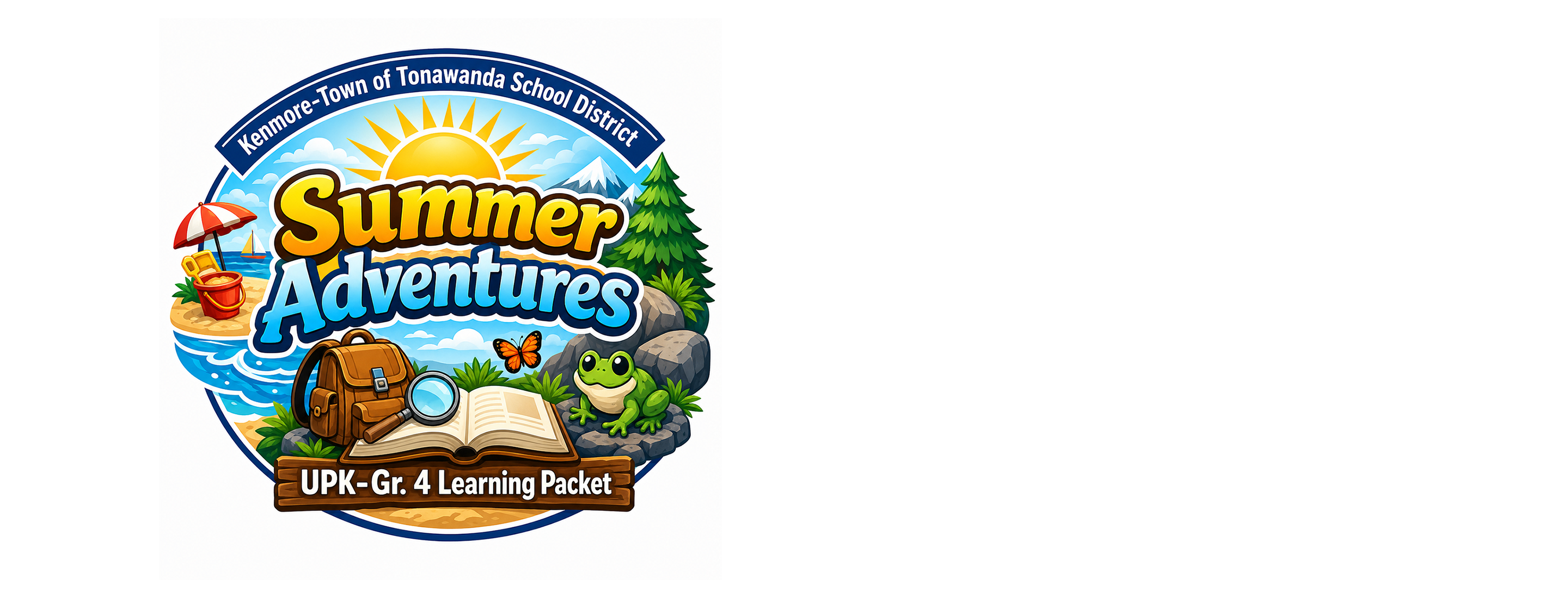 A cheerful cartoon depicts a beach scene with a backpack, open book, and frog in the foreground, set against a backdrop of mountains and a sunny sky.