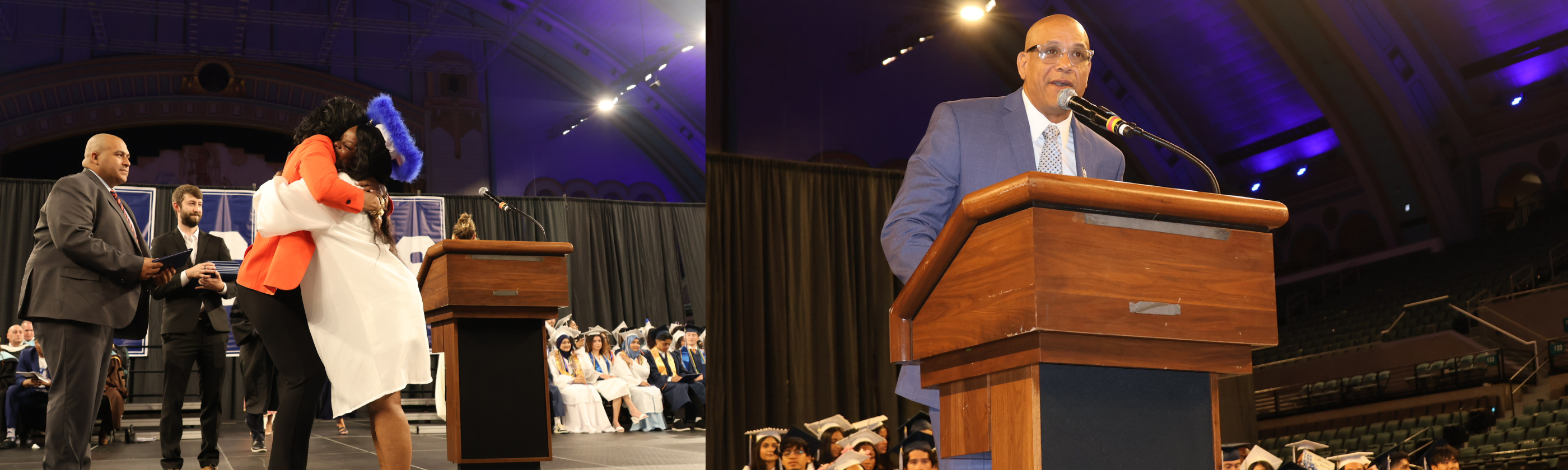 Two scenes unfold: on the left, a graduate is embraced by another person in front of a podium and an audience, while on the right, a man in a suit speaks at a podium with a large audience in the background.