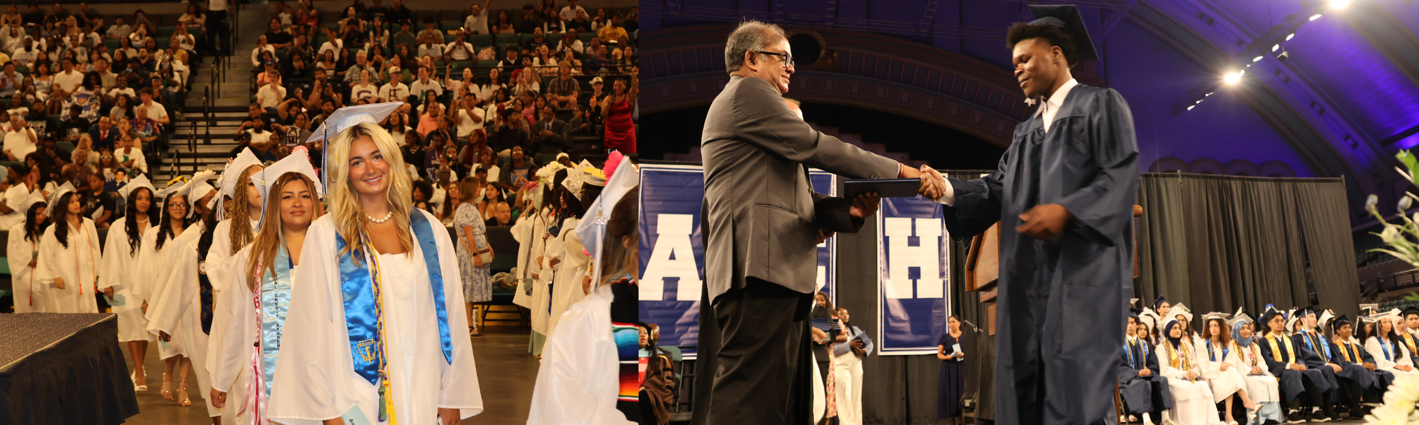 Graduates in white gowns walk in procession on the left, while a graduate in a dark gown shakes hands with an official on the right, with a seated audience in the background.