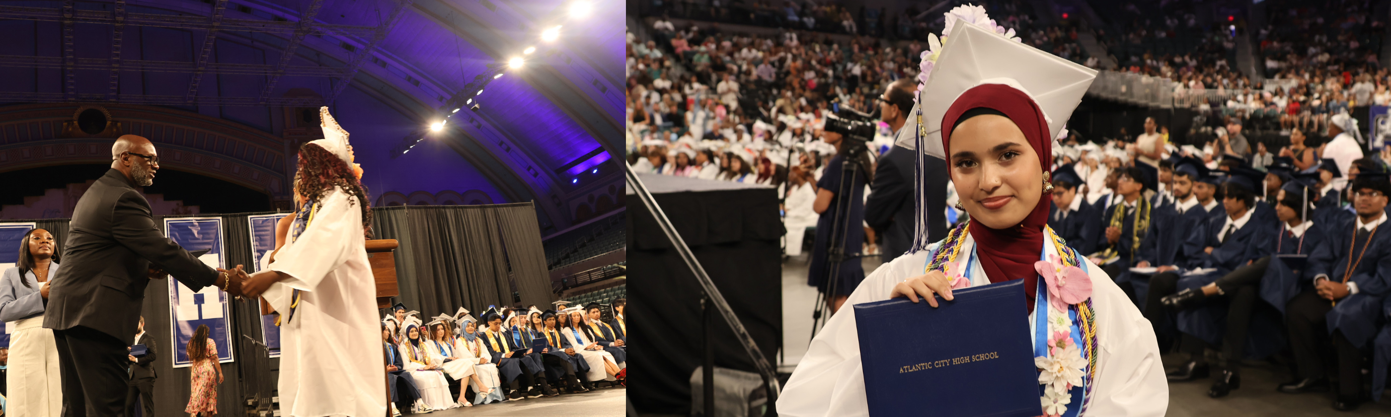 A graduate in a cap and gown receives a diploma on stage while another graduate in a hijab and cap smiles with her diploma in front of a seated audience.