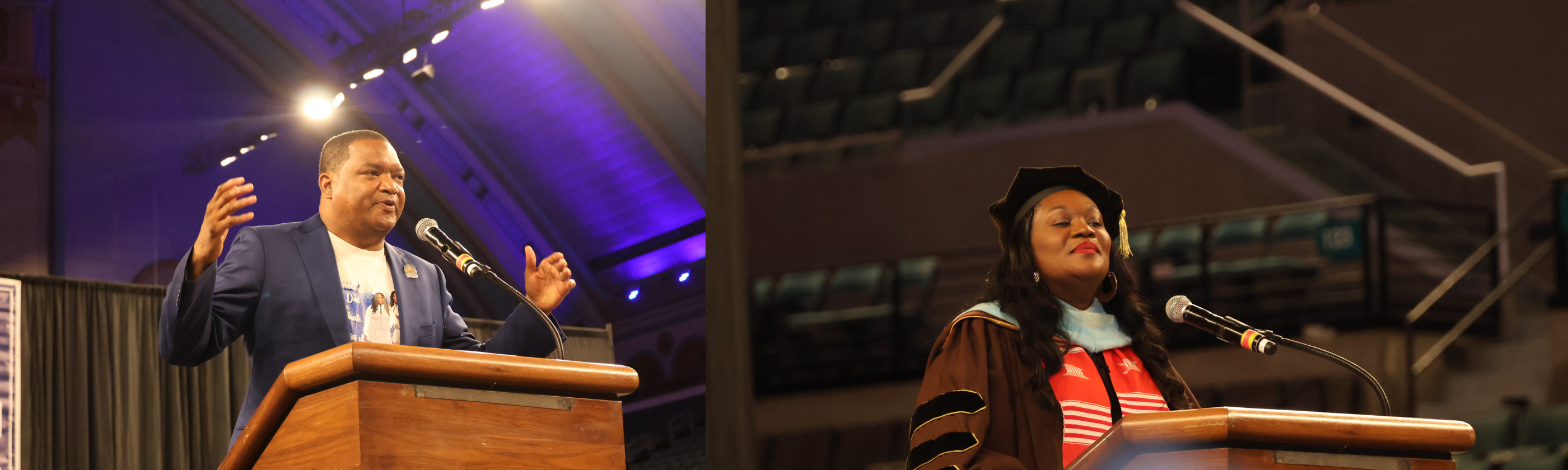 A man in a suit speaks at a podium with purple lighting in the background, while a woman in academic regalia speaks at a podium in front of stadium seating.