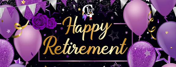 A graphic with baloons says "Happy Retirement."