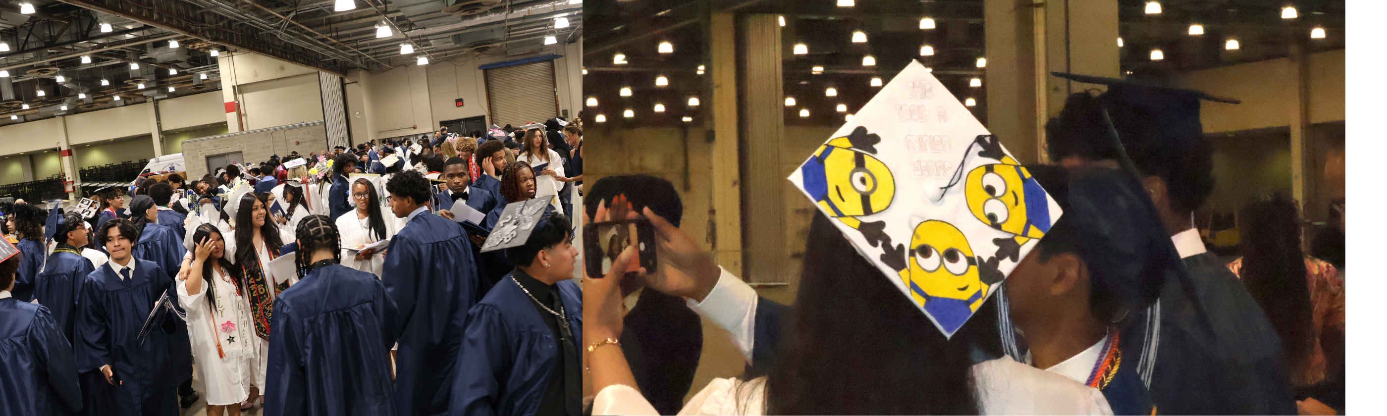 A group of graduates in blue gowns are gathered in a large hall with a decorated cap featuring minions in the foreground, while the background shows more graduates and the ceiling with lights.