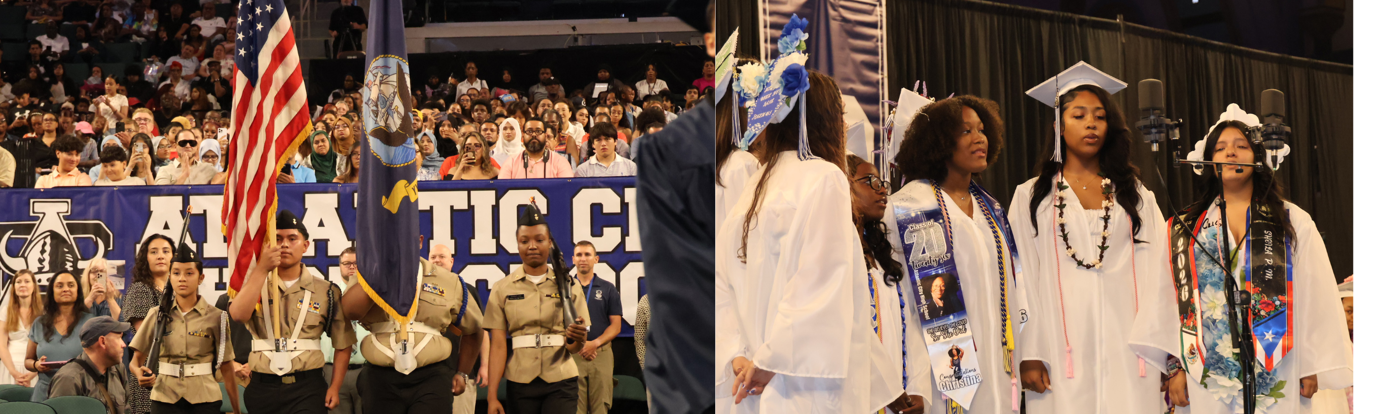 In the foreground, a color guard with an American flag and a blue flag marches, while in the background, graduates in white gowns and caps stand on a stage.