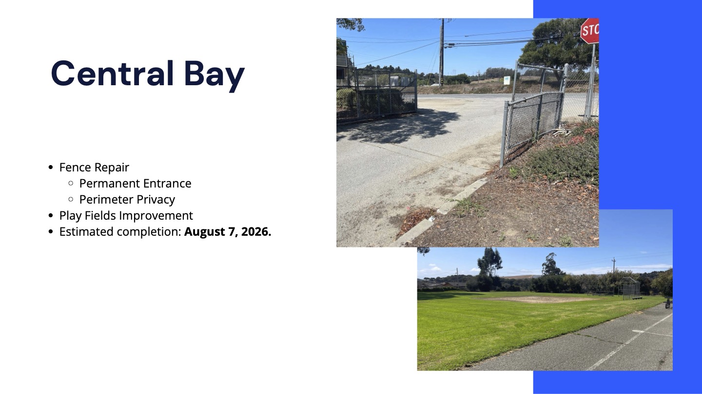 summer 2026 facilities projects:Central Bay Fence Repair Permanent Entrance Perimeter Privacy Play Fields Improvement Estimated completion: August 7, 2026.