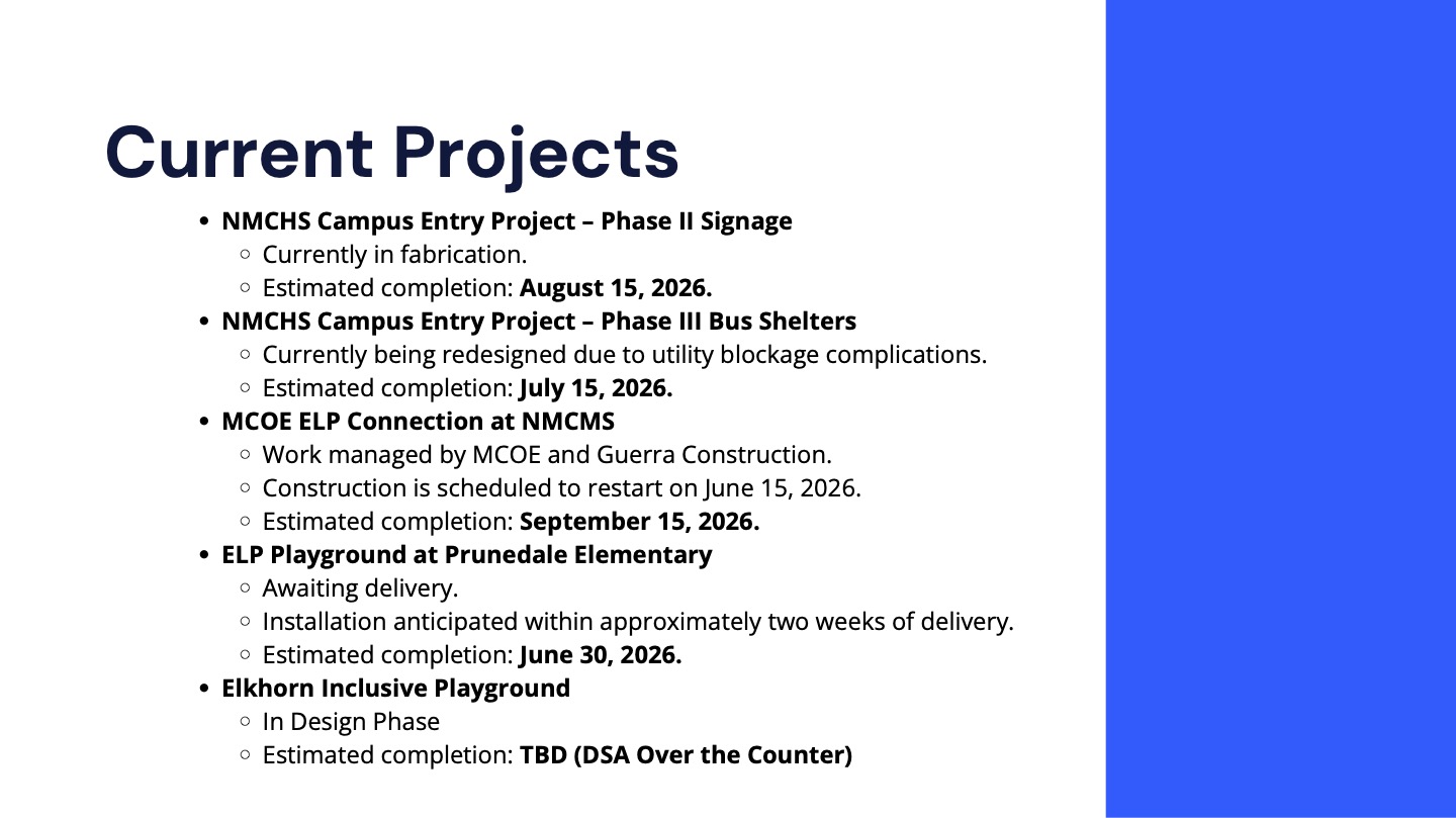 current projects summer 2026 facilities updates