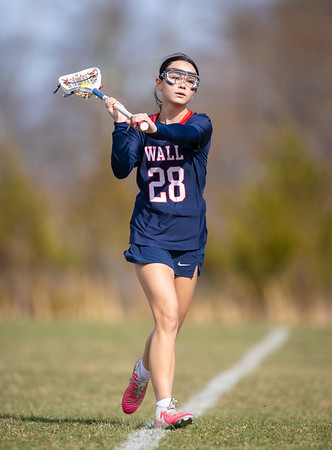 A young woman in a navy blue lacrosse uniform with the number 28 on the back stands on a grassy field with a white line, holding her stick, while trees and a hazy sky form the background.