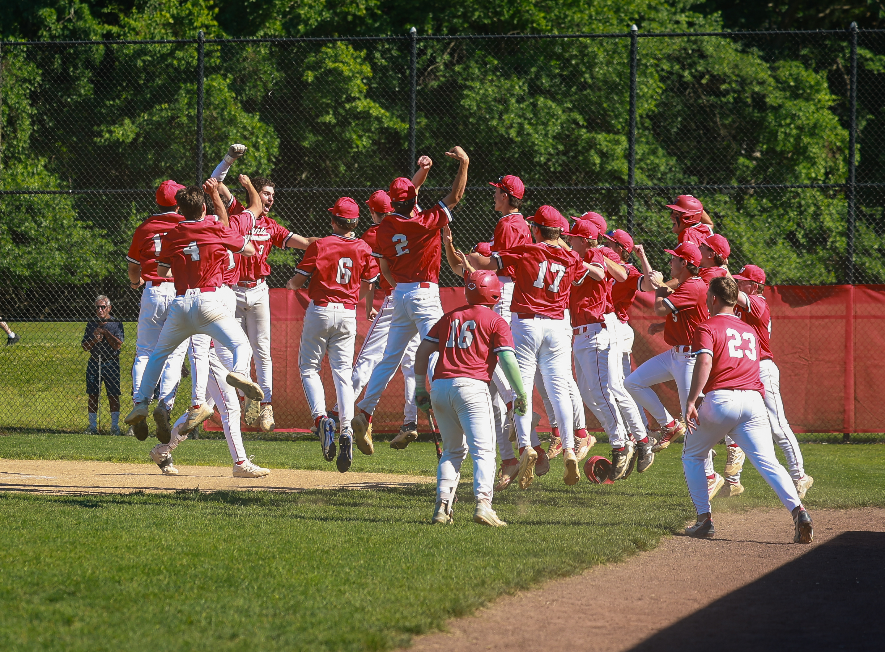 A baseball team in red uniforms celebrates a victory on a sunny field with a fence and trees in the background.