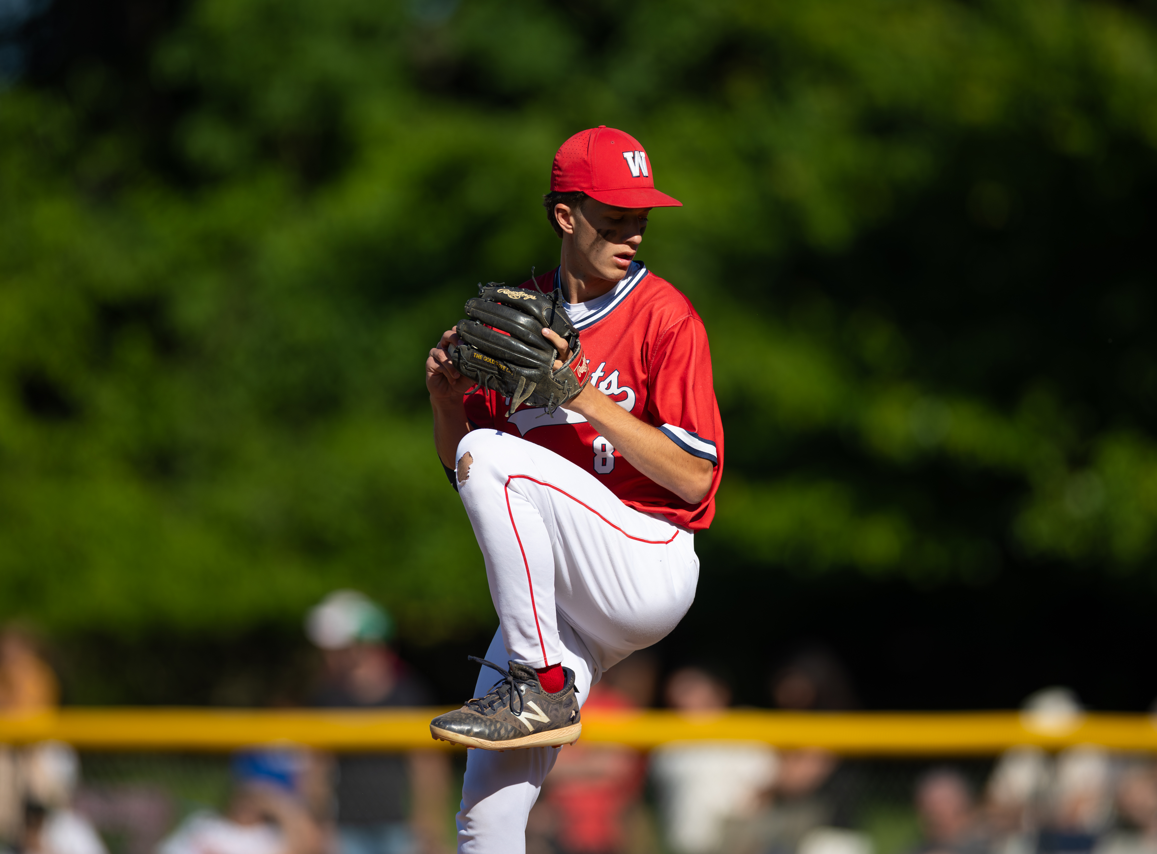 A young baseball pitcher in a red uniform and cap is poised to throw, with a blurred background of trees and spectators.