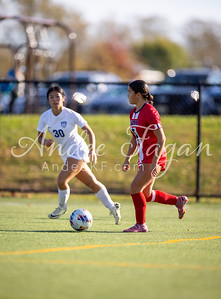 Two female soccer players chase a ball on a green field with blurred trees and a fence in the background.