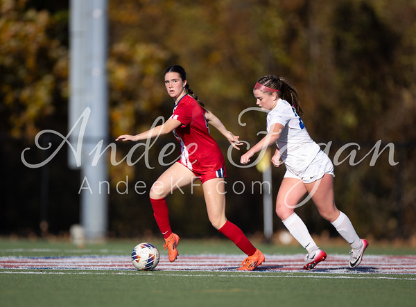 Two female soccer players, one in red and one in white, chase a soccer ball on a green field with trees and a pole in the blurred background.