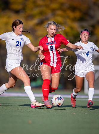 Three young women in soccer uniforms are actively playing on a green field with a blurred background of trees and sky.