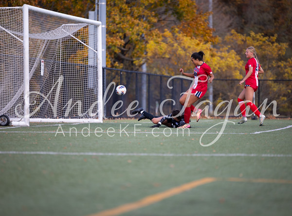 A soccer player in red kicks the ball towards the goal while a goalie dives to block it, with autumn trees in the background.