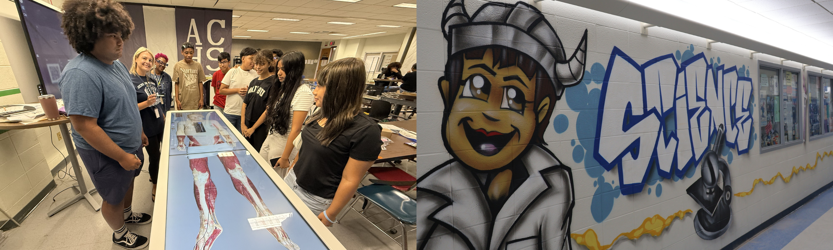 Students observe a digital anatomy display in a classroom on the left, while a cartoon character and graffiti spelling "SCIENCE" adorn a wall on the right.