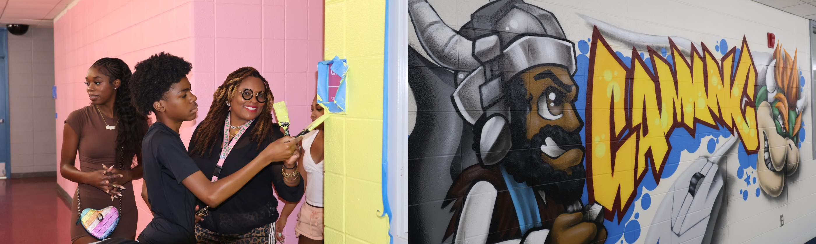 Four young women paint a hallway with pastel colors, while a vibrant graffiti mural of a Viking and the word "GAMING" adorns the adjacent wall.