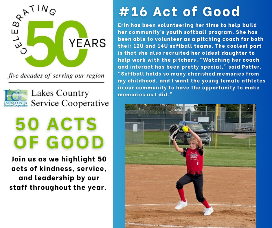 A graphic celebrating 50 years of service by Lakes Country Service Cooperative features text and a photo of a young softball pitcher in the foreground.