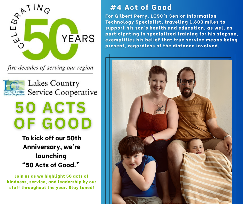 A family of four is pictured in the foreground, with text about a 50th anniversary celebration and "50 Acts of Good" in the background.