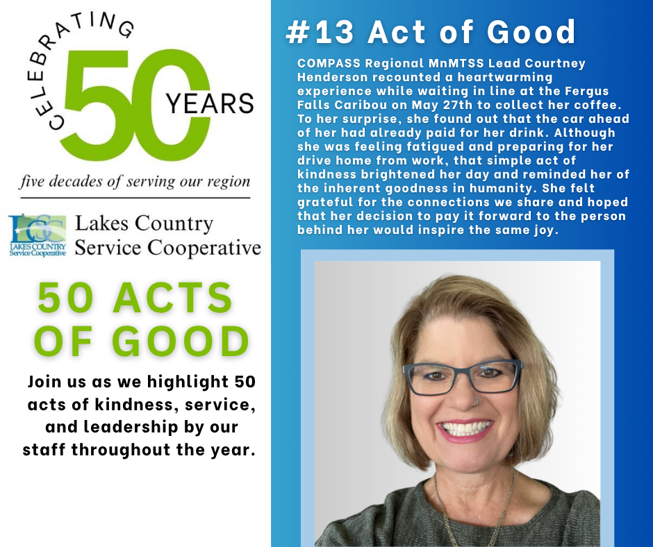 A smiling woman in glasses is featured in the foreground, with text about "50 Acts of Good" and a story about an act of kindness in the background.