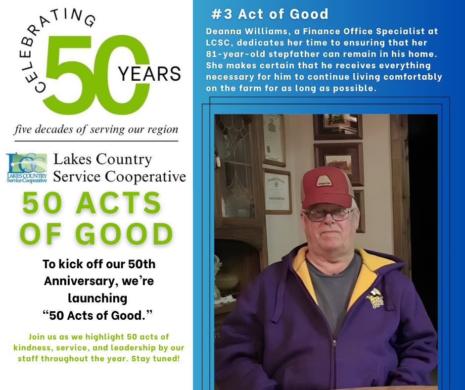 A man in a red cap and purple hoodie is pictured in front of a wall with framed items, while the left side of the image features text celebrating "50 Years" and "50 Acts of Good" from Lakes Country Service Cooperative.