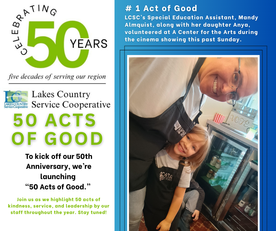 A smiling woman and child in aprons are in the foreground, with a blue and green graphic celebrating "50 YEARS" and "50 ACTS OF GOOD" in the background.