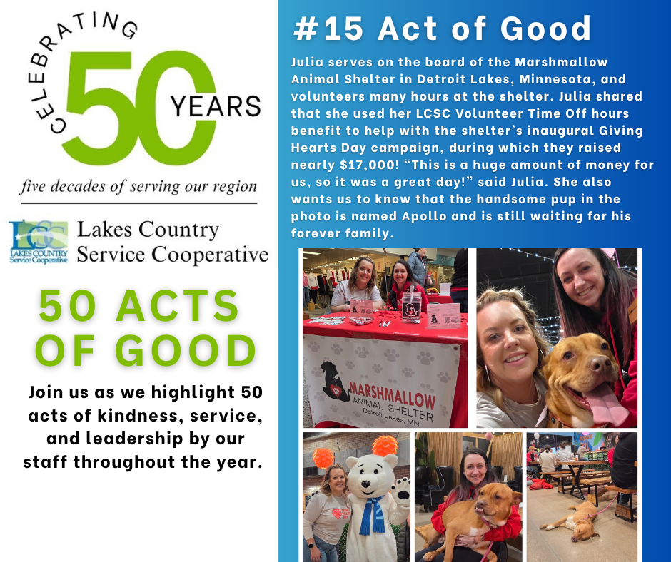 A collage of photos shows people and a dog at an animal shelter, with text celebrating 50 years of service and highlighting an act of good.