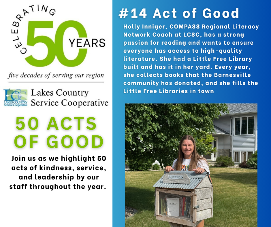 A woman stands in front of a house and yard, holding a small library, with text about "50 Acts of Good" and a woman named Holly Inniger in the background.