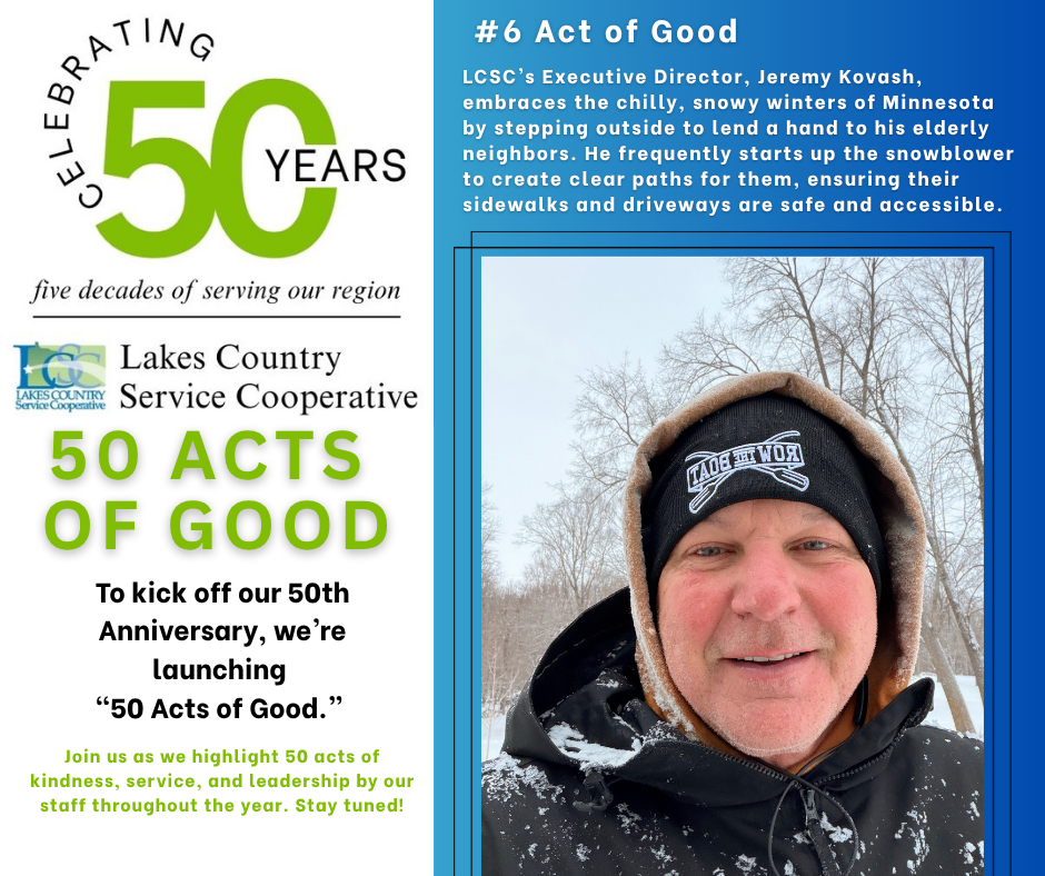A man in a beanie smiles in the foreground, while the background features text celebrating 50 years of service and highlighting an act of good.