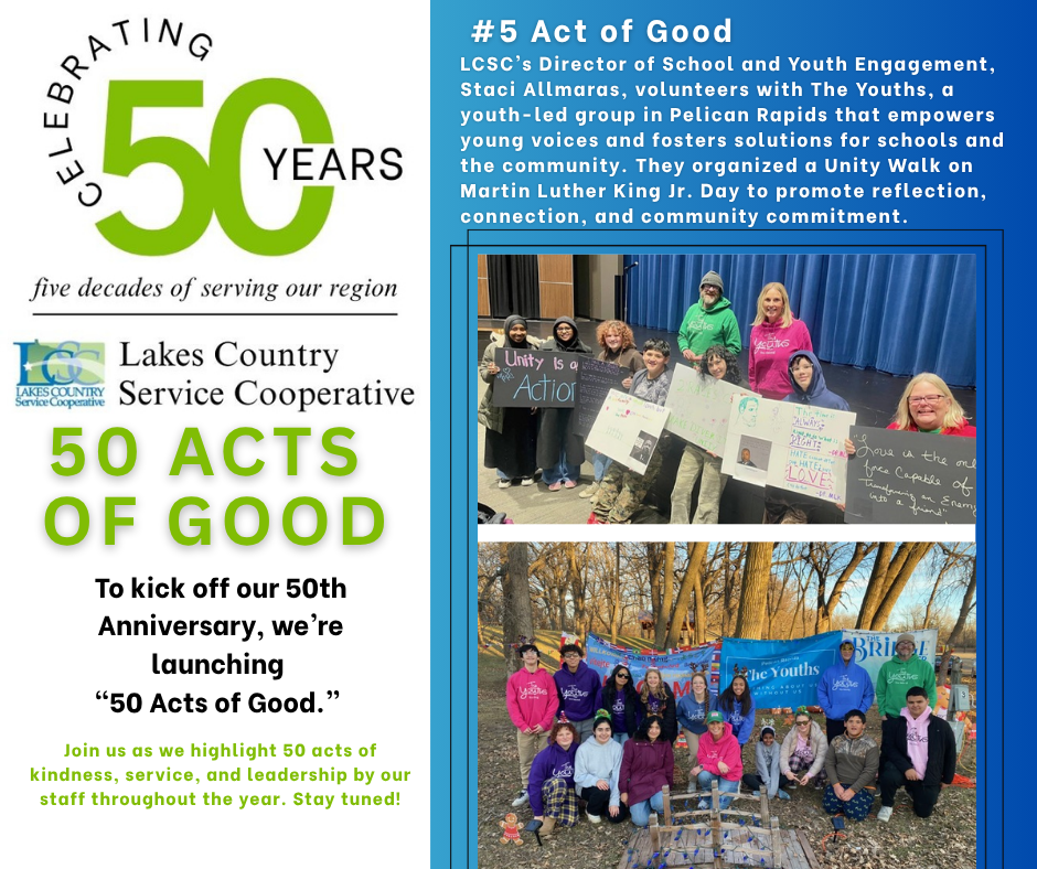 A flyer celebrating 50 years of service features text and photos of community events in the foreground, with a group of people holding signs in the background of the top photo and a wooded area with a banner in the background of the bottom photo.