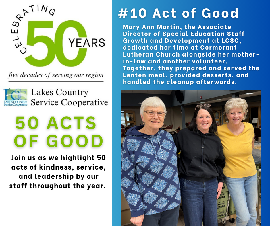 Three smiling women stand in the foreground, while the background features text celebrating "50 YEARS" and "#10 Act of Good" with a description of a volunteer effort.