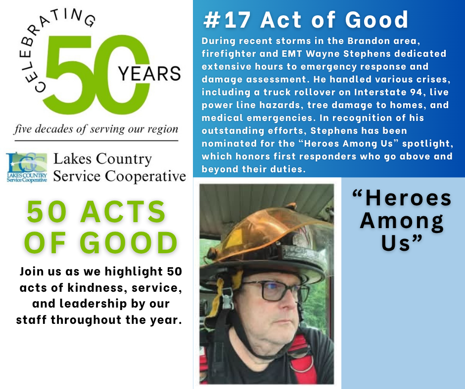 A firefighter in a helmet is featured in the foreground, with text about "50 Acts of Good" and a firefighter's heroic deeds in the background.