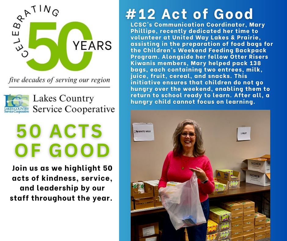A smiling woman stands in the foreground holding a plastic bag, with stacks of food boxes and a table in the background, while the left side of the image features text and graphics celebrating 50 years of service.