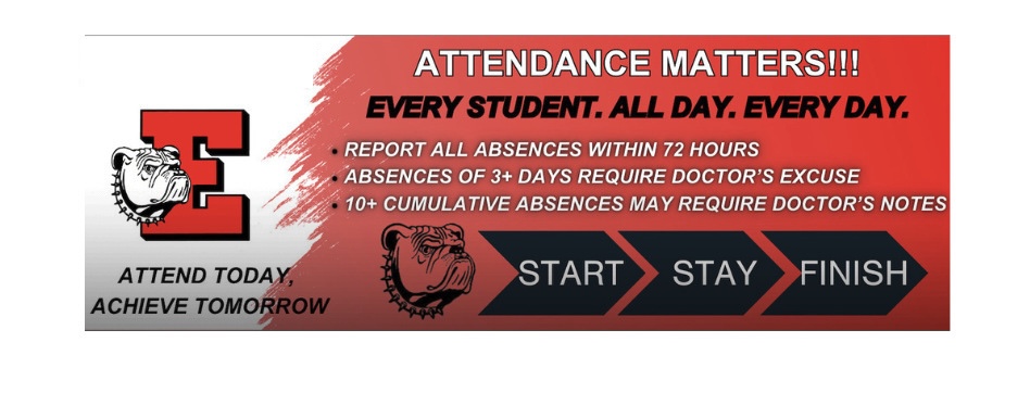 A red banner with a bulldog logo and attendance information is displayed, with "START," "STAY," and "FINISH" in the foreground.
