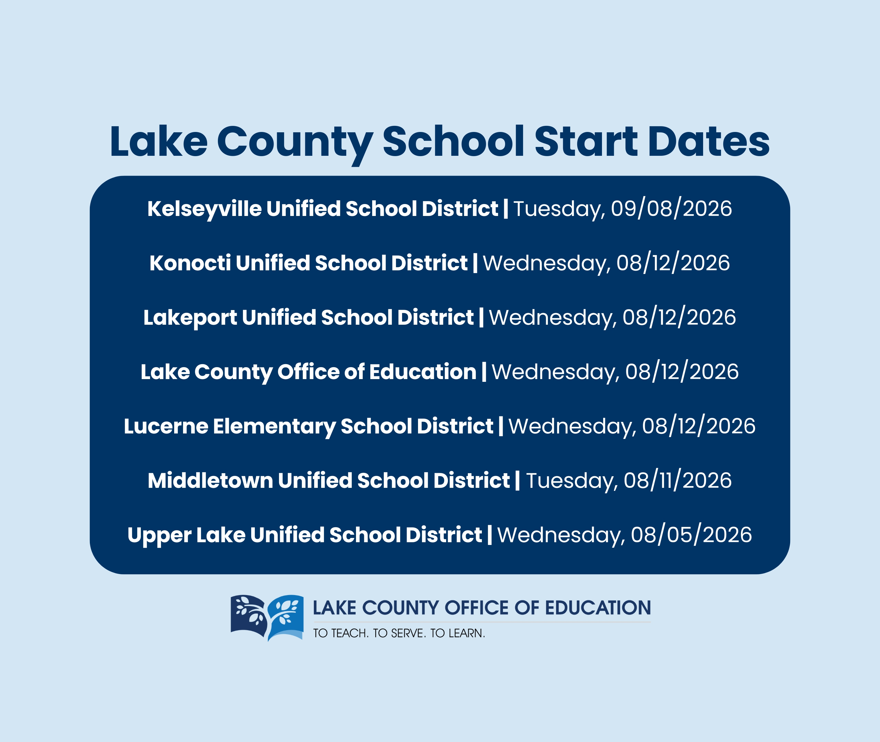 A dark blue rectangle in the foreground lists Lake County school start dates, with the Lake County Office of Education logo at the bottom, set against a light blue background.