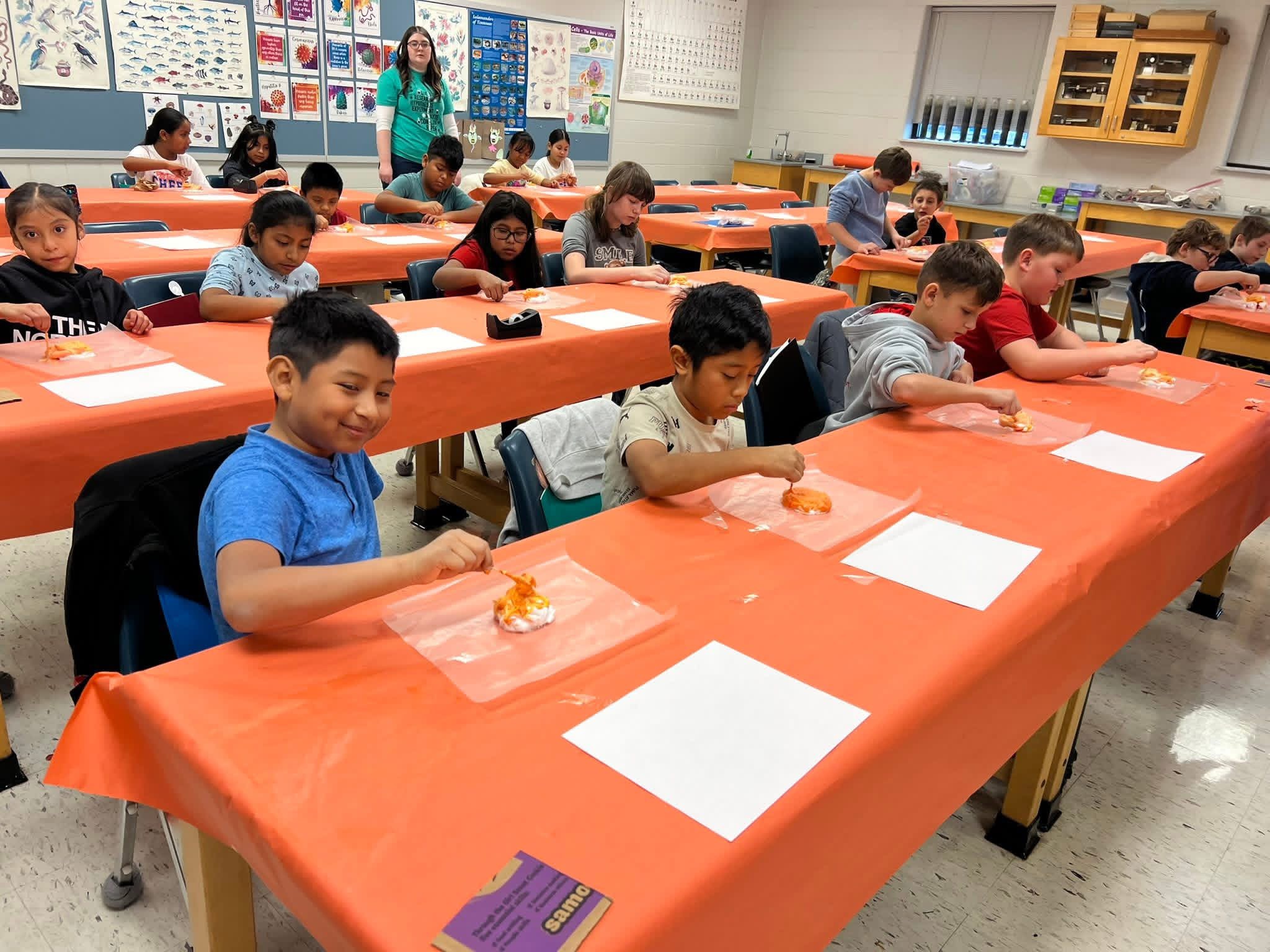 A group of students sit at lab tables doing an experiment.