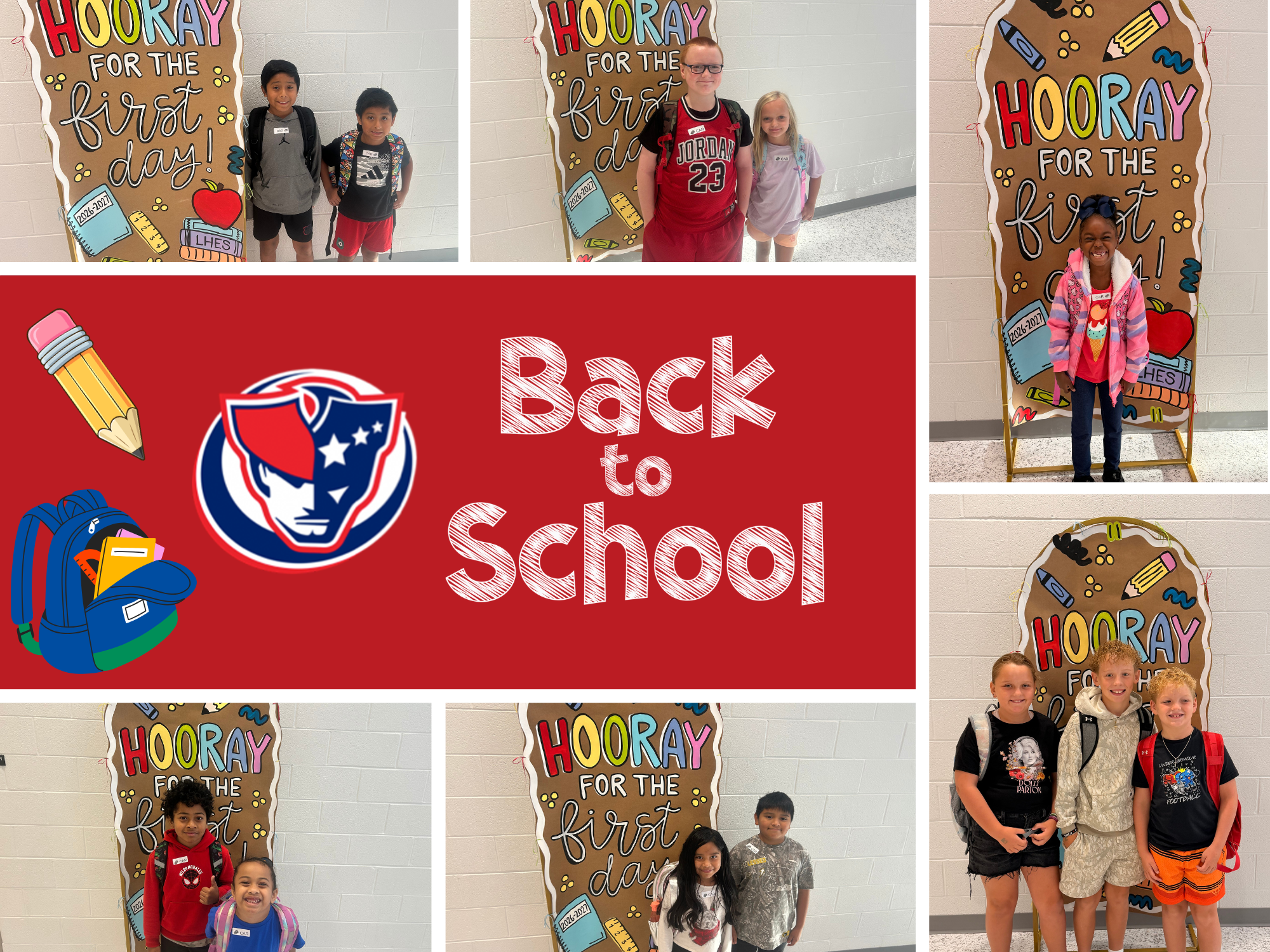 A collage of students posing in front of a back to school banner and text reading "Back to School"