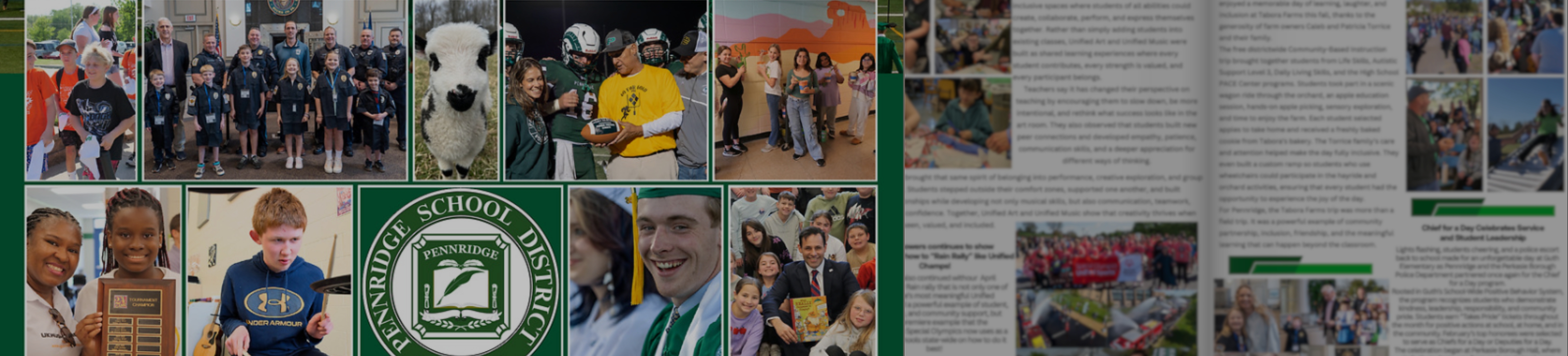 A collage of school-related photos, including students, a mascot, and a school district logo, fills the left side of the image, while the right side features pages of text and smaller images from a yearbook or publication.